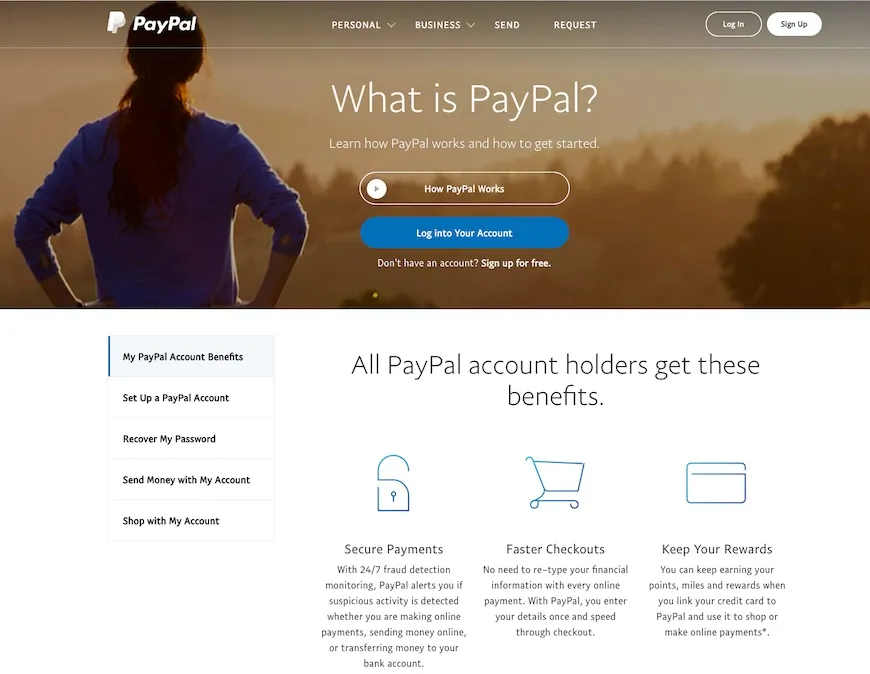 Screenshot of the PayPal website, a method you can use at online sportsbooks