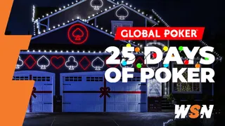 A Poker-and-Christmas-themed house decorated with lights and card symbols. Global Poker 25 Days of Poker in big letters decorated with Christmas lights to the right side.