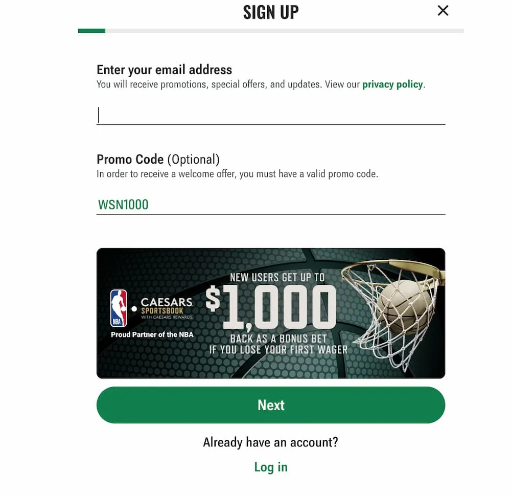 Caesars Sportsbook sign up form with WSN1000 promo code