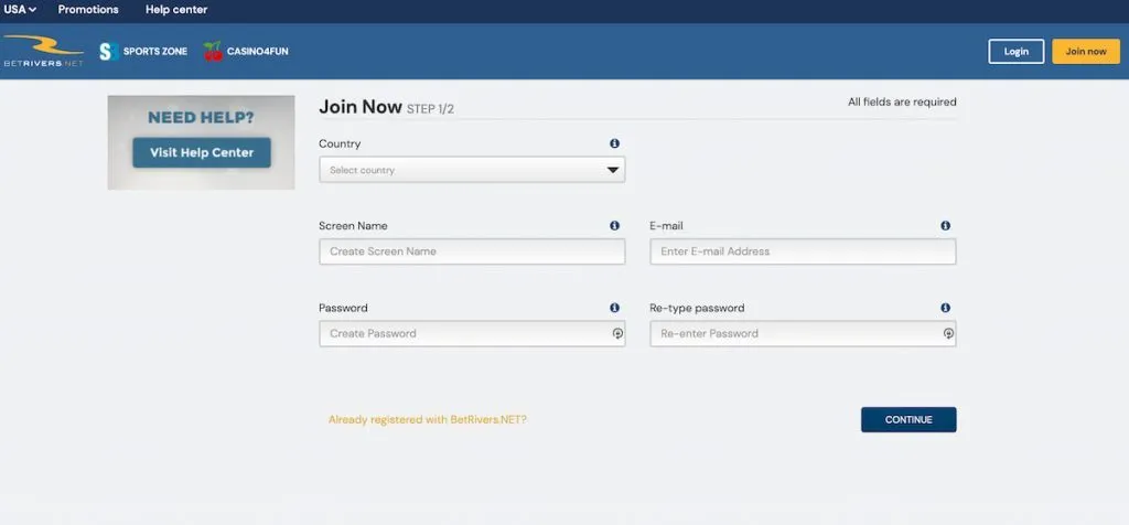 Registration at BetRivers.net