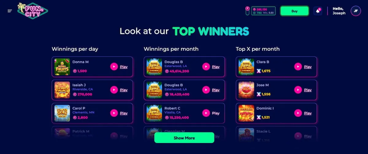 FunzCity Casino Winners Leaderboard