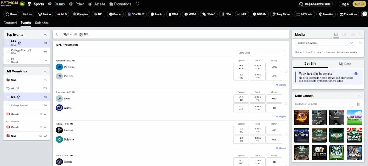 BetMGM NJ sportsbook interface featuring betting markets, odds, and promotions