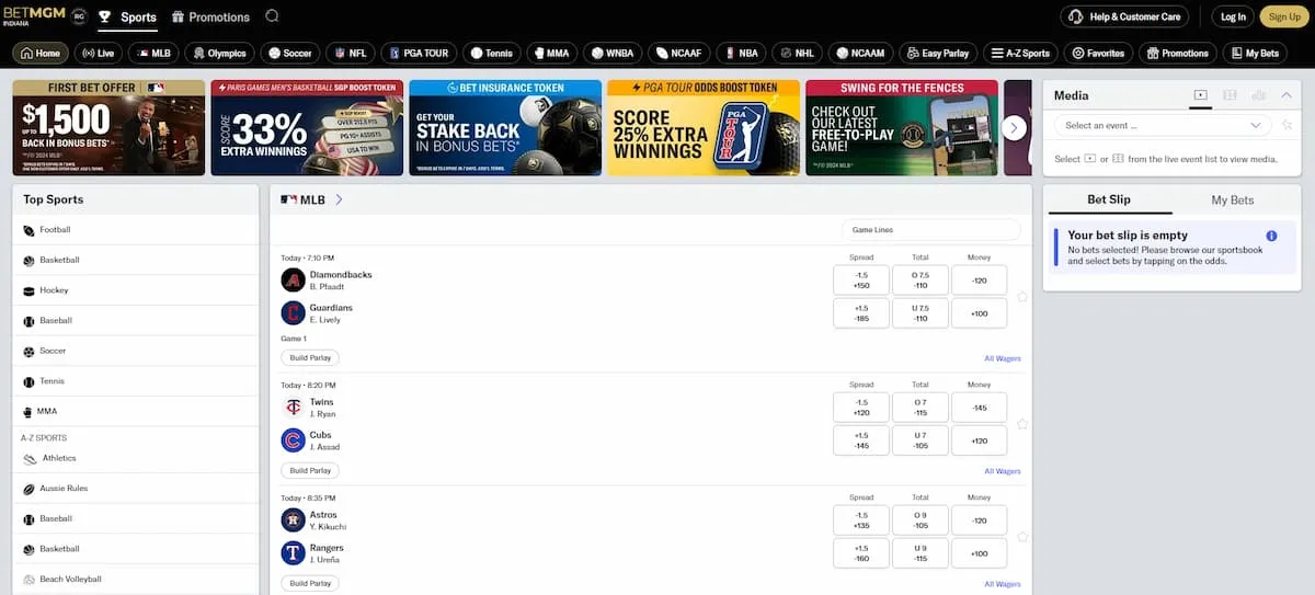 BetMGM sportsbook Indiana homepage