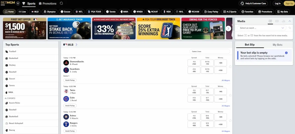 BetMGM sportsbook Iowa homepage