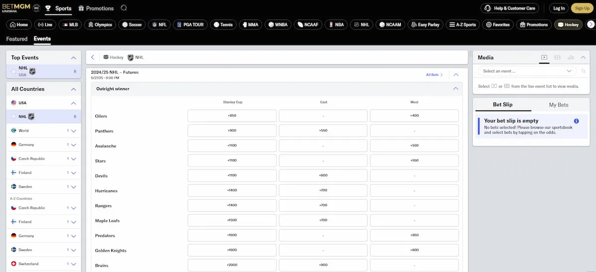 FanDuel Louisiana sportsbook interface featuring betting markets, odds, and promotions