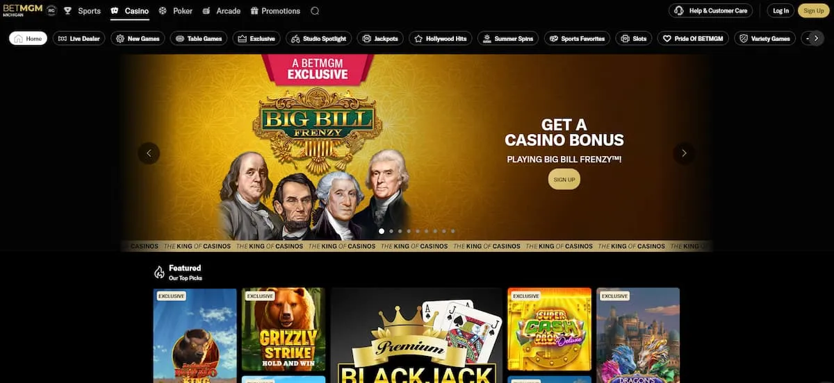 BetMGM Casino homepage with feature image and games