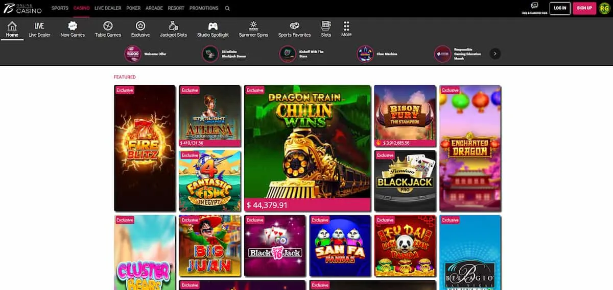 Borgata Casino webpage with featured games