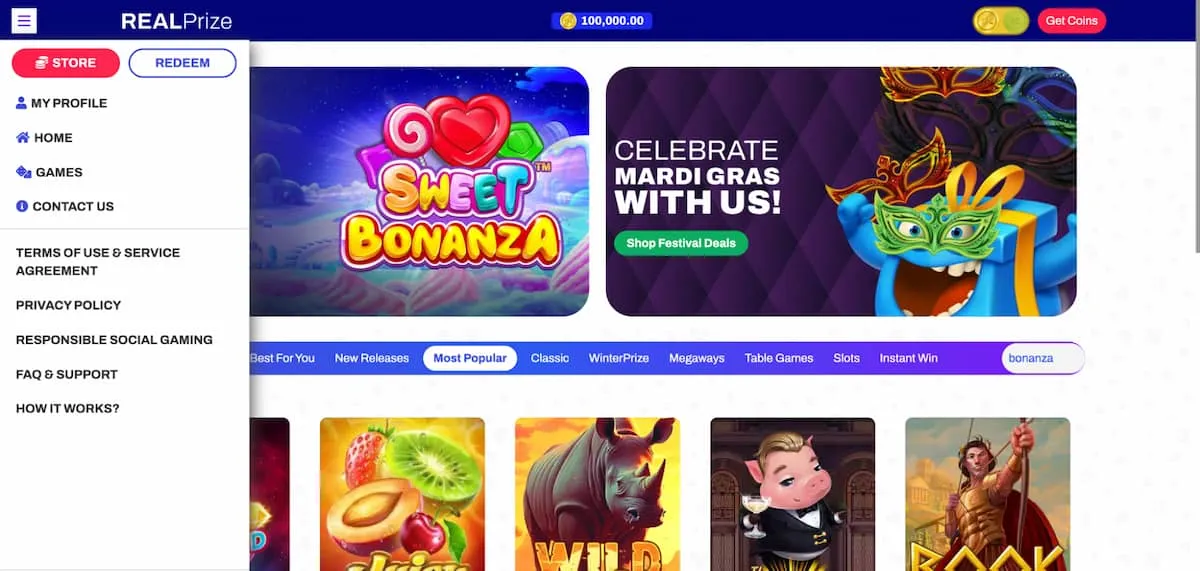 RealPrize Casino Homepage