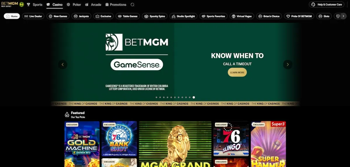 BetMGM casino homepage with responsible gambling banner and feature games