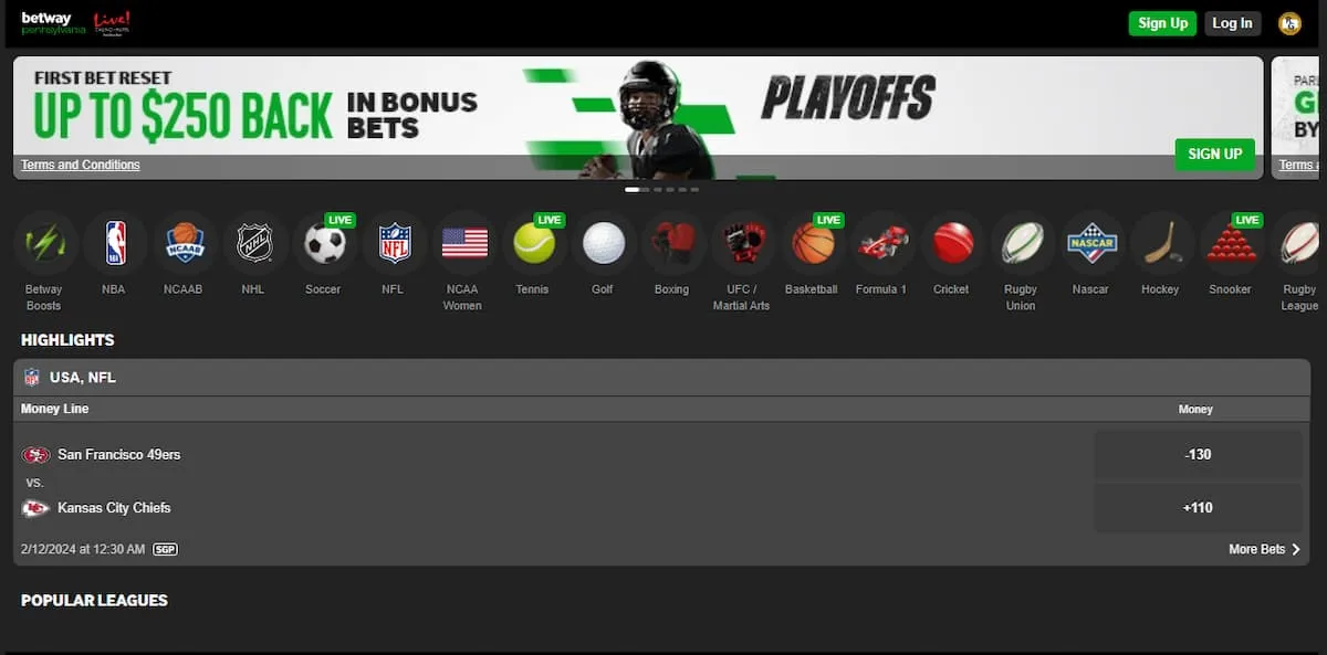 Betway Pennsylvania Sportsbook interface showing promotions, markets, and odds