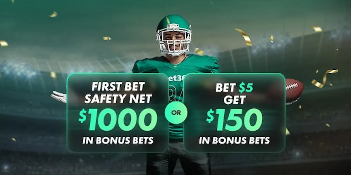 A football player in green uniform showing two bet365 promo offers