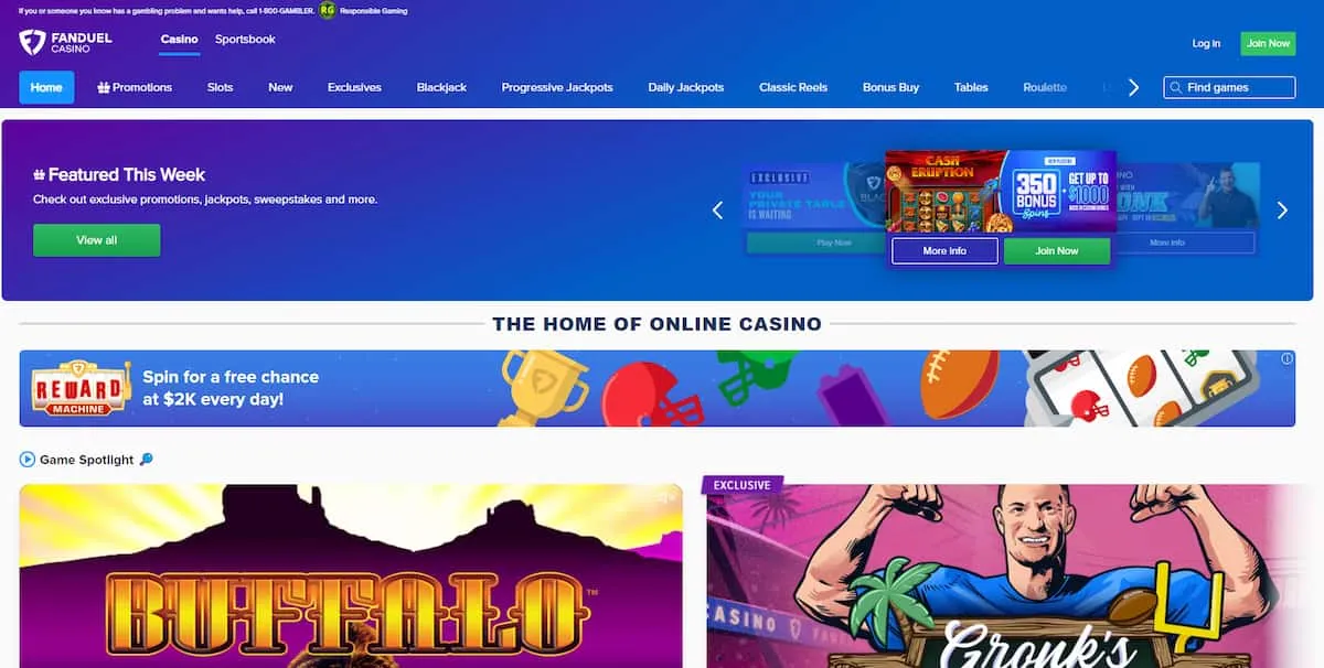 FanDuel Casino homepage with promo offer and game spotlight