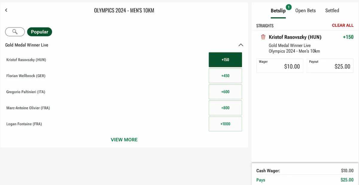 Caesars Sportsbook live betting on Olympics 2024 - Men's 10km