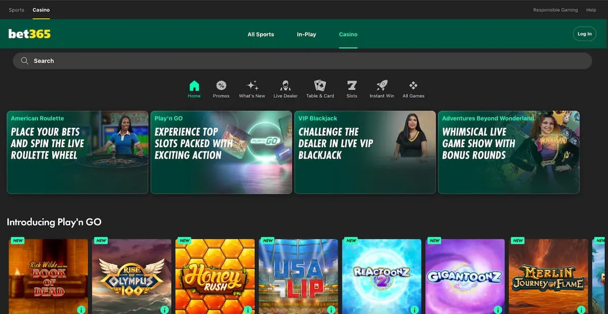 bet365 Casino homepage with games and features