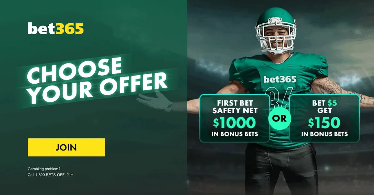 An American Football player in full gear wearing green behind bet365's new welcome offer options