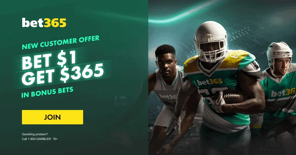 Three athletes - a basketball, football, and hockey player - wearing bet365 uniforms on the right-hand side, and bet365's Kentucky promo offer on the left hand side - bet $1, get $365