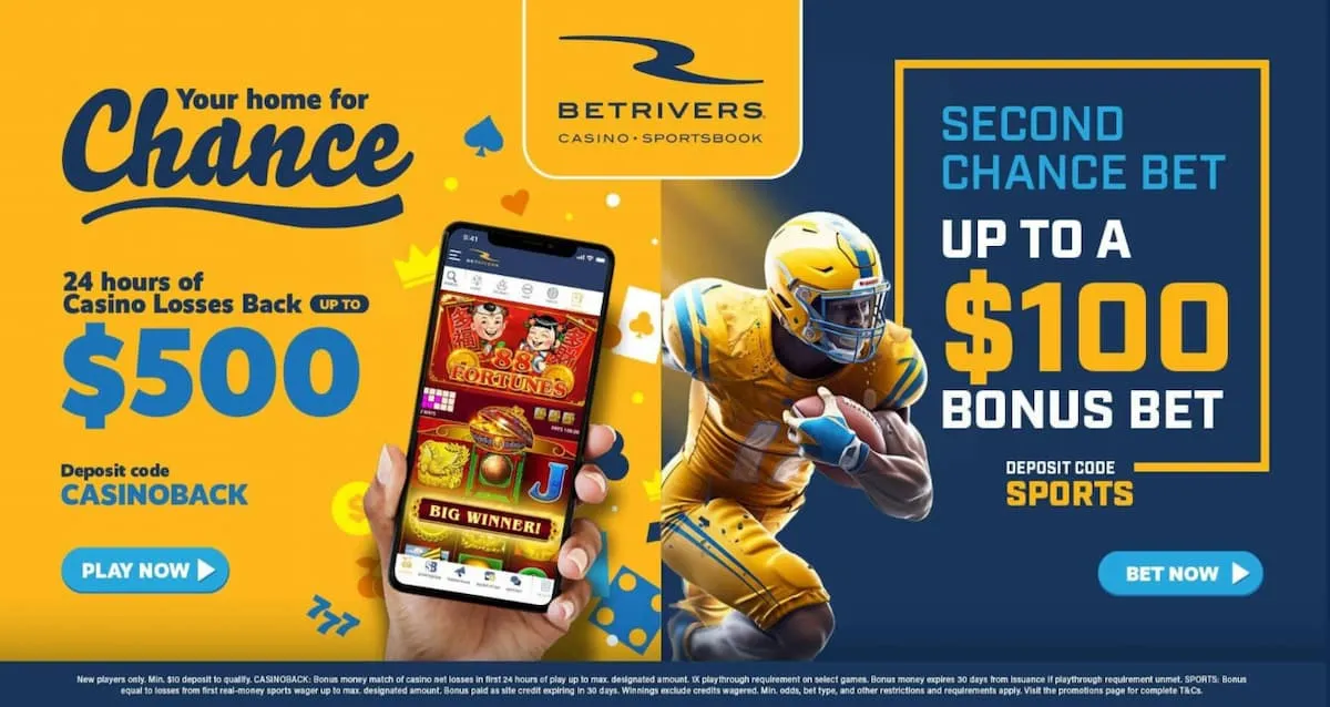 BetRivers WV promo offer featuring a football player in a yellow kit and a mobile phone with the casino offer