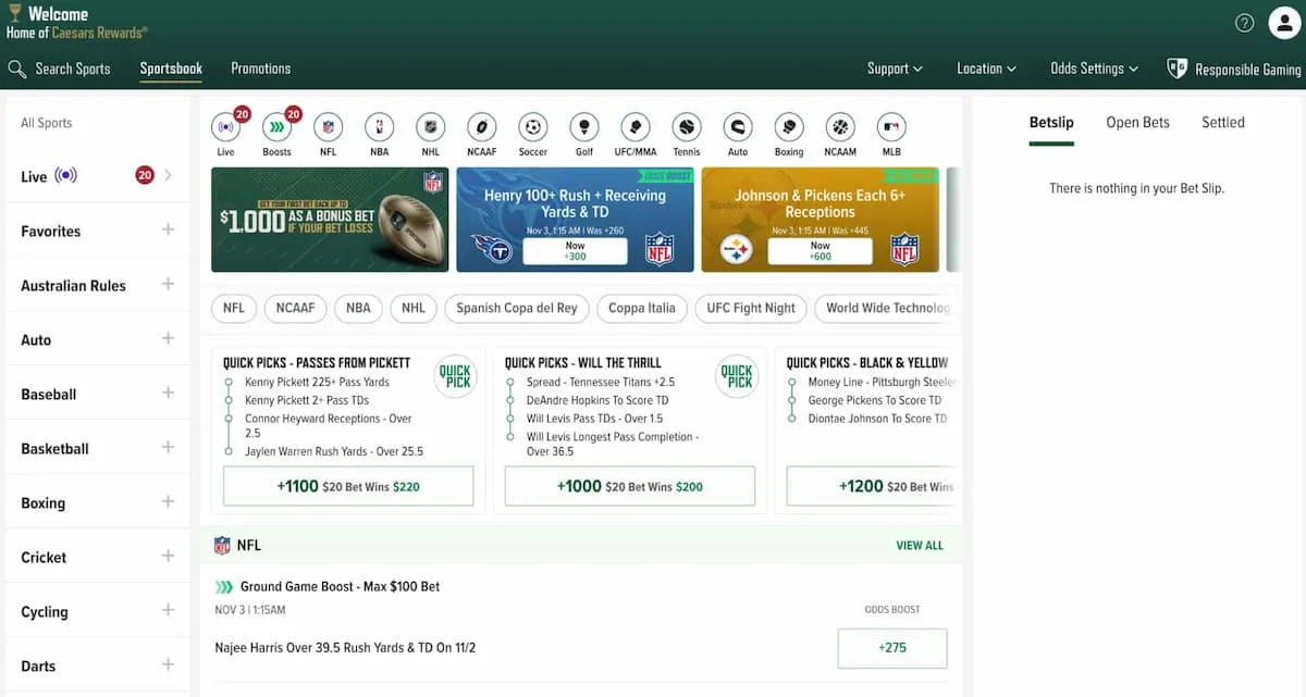 Caesars sportsbook interface for Indiana
