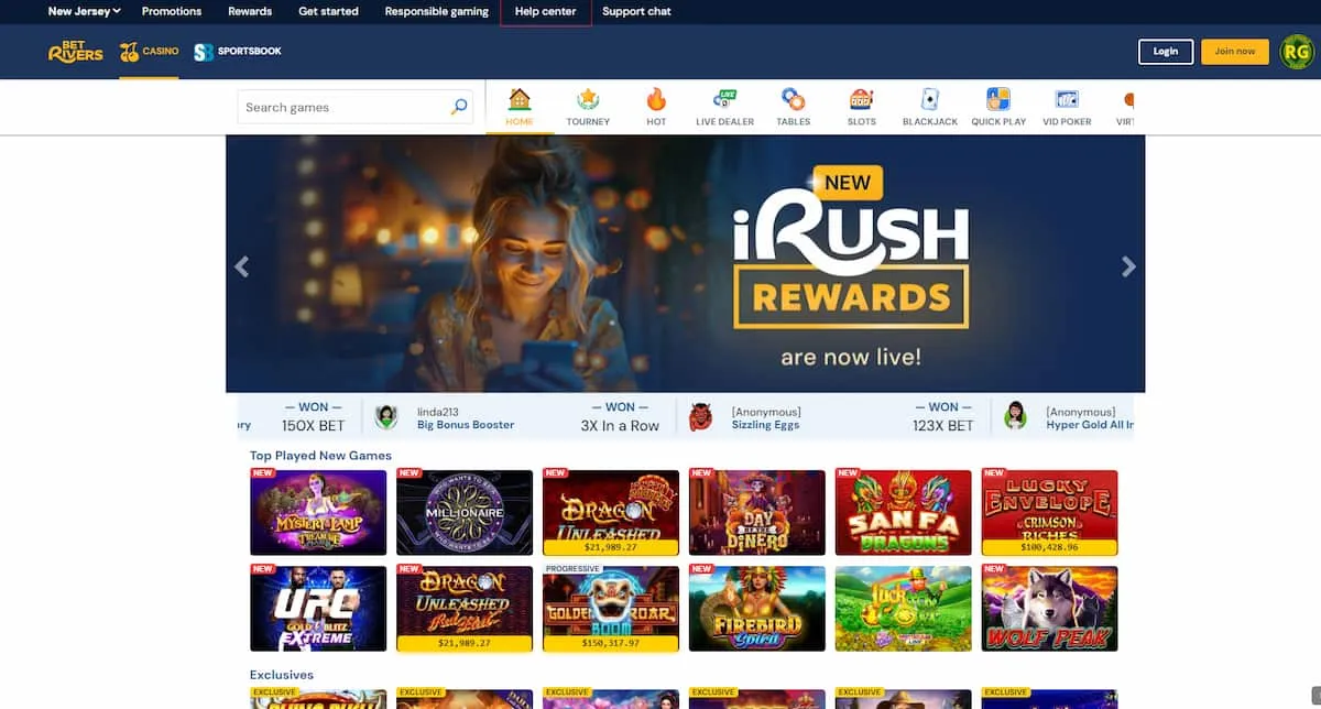 BetRivers Casino HomePage with iRush Rewards