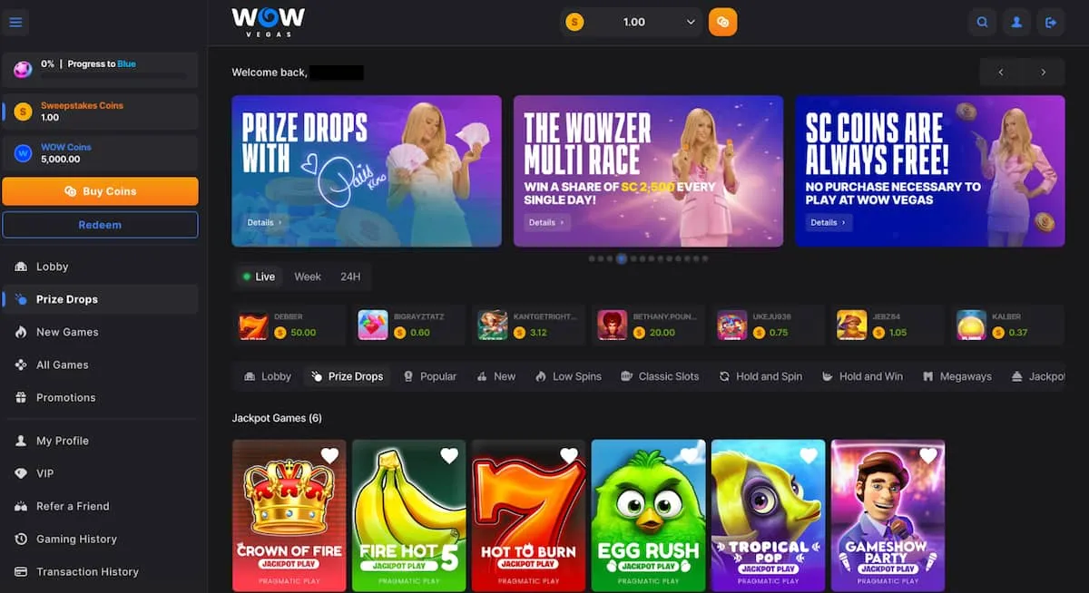 Wow Vegas sweepstakes review homepage