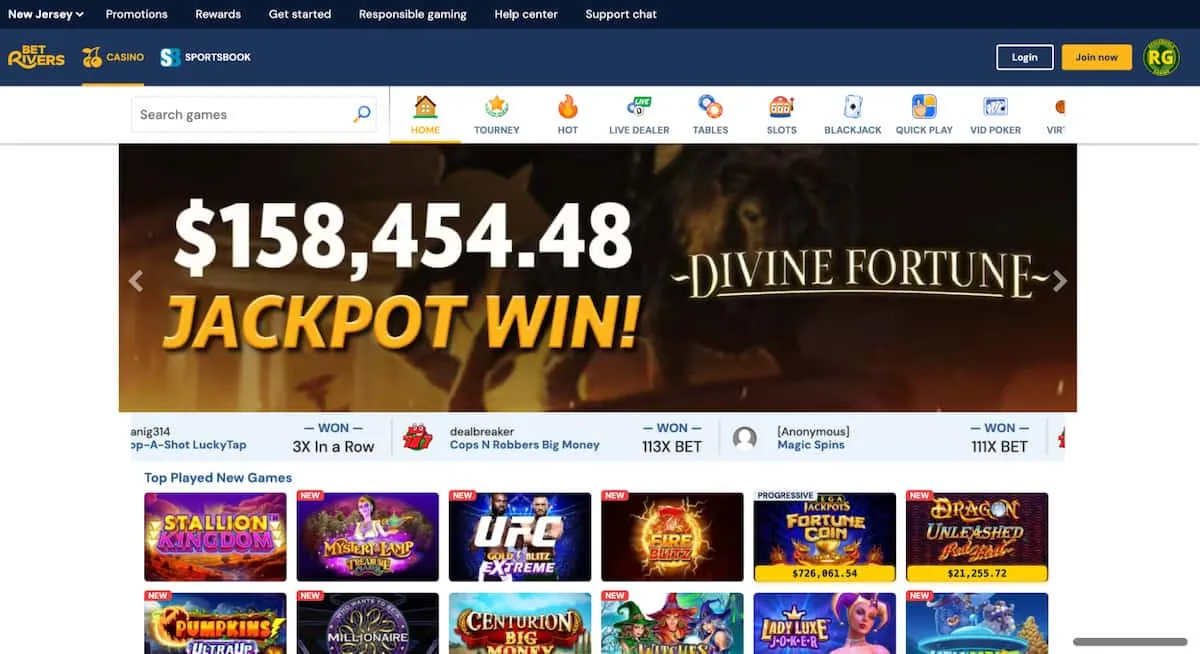 BetRivers PA Casino homepage with divine fortune jackpot promo and top played new games