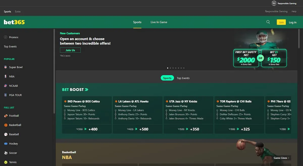 bet365 sportsbook interface showing betting markets, odds, and promotions