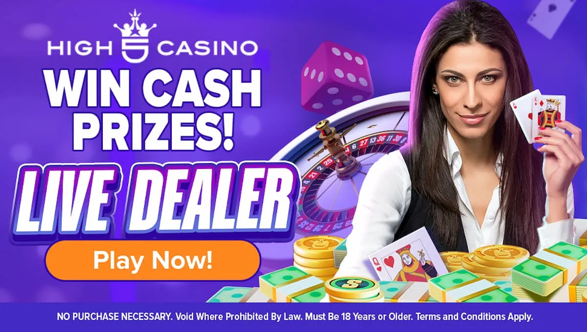 High 5 Casino Live Dealer page featuring a woman holding a pair of cards and surrounded by money, chips, dice and other casino imagery
