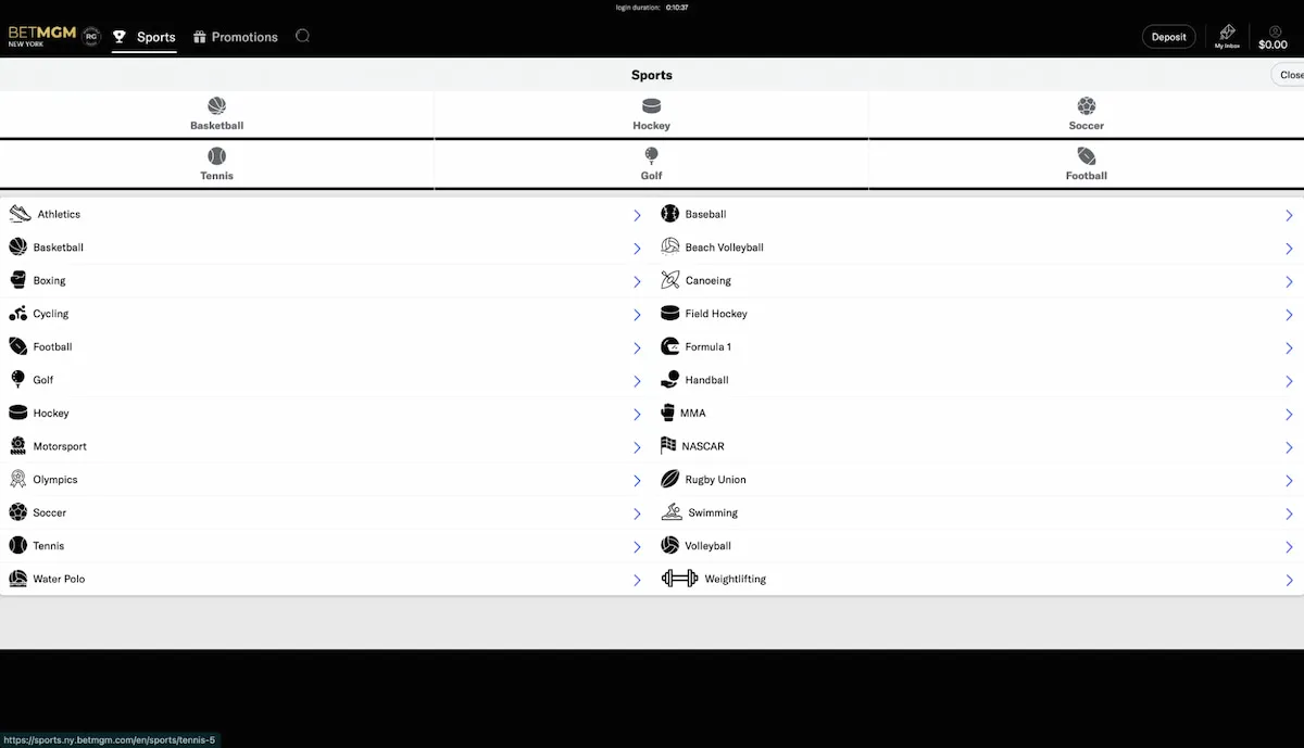 BetMGM Sportsbook A-Z sports display of all the sports on offer