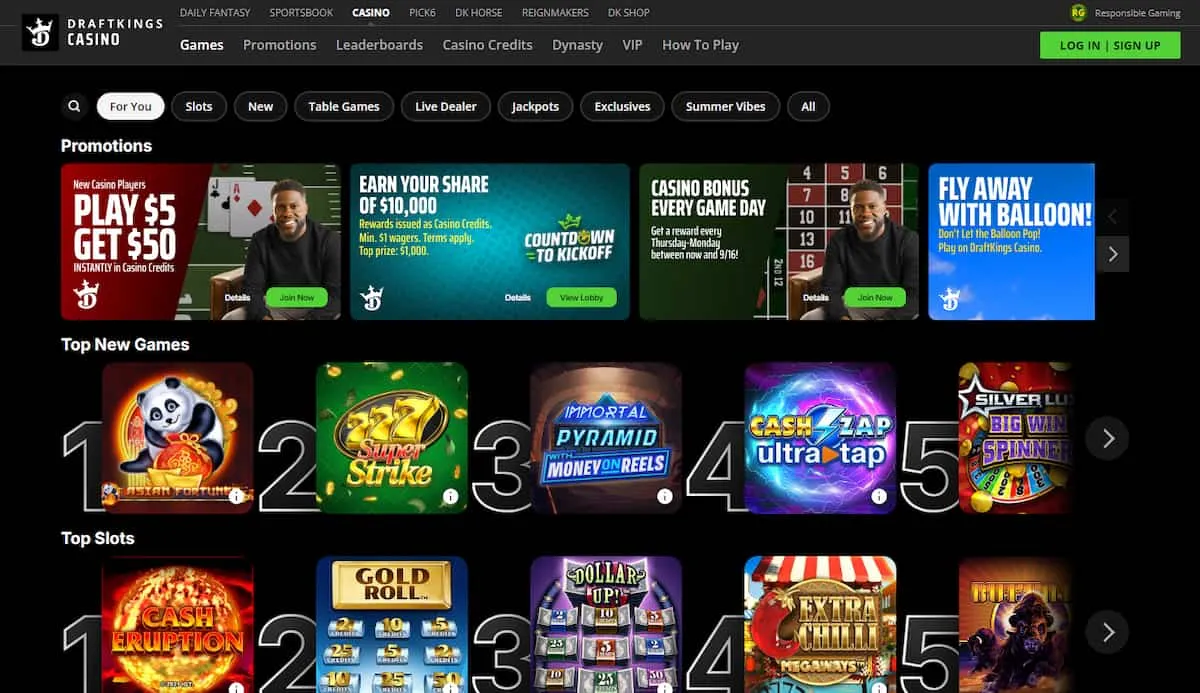 DraftKings Casino webpage with promotions, top new games, and top slots