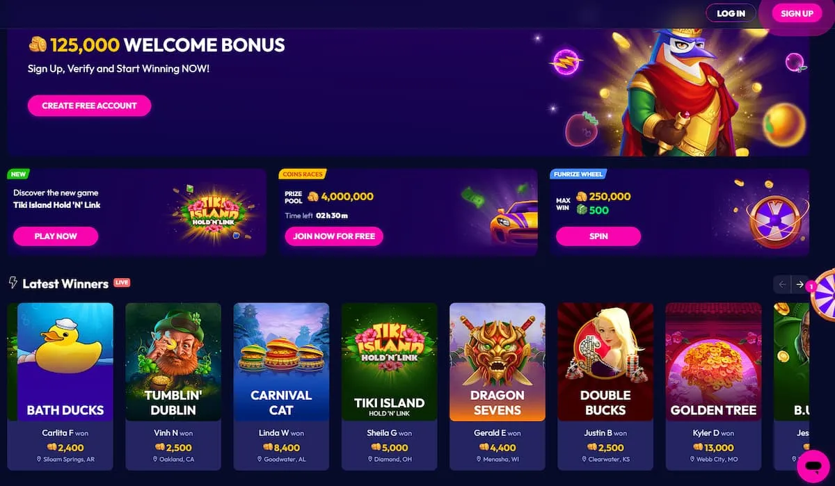 Funrize Casino Homepage featuring welcome bonus, other offers, and games available at the social casino