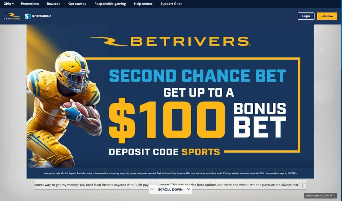 A football player in yellow kit running towards BetRivers Ohio Promo Offer