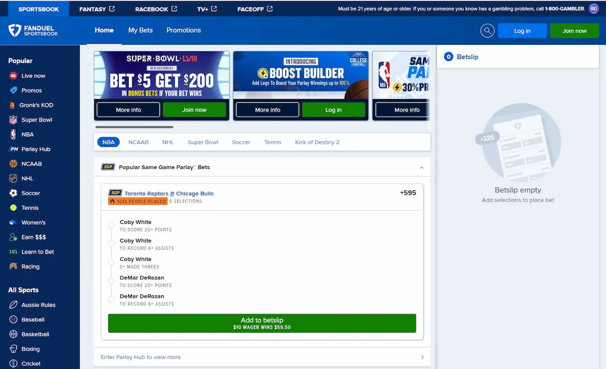 FanDuel Kentucky Sportsbook interface featuring betting markets, odds, and promotions