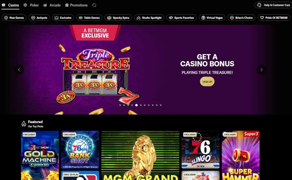 BetMGM Casino homepage with exclusive and featured games