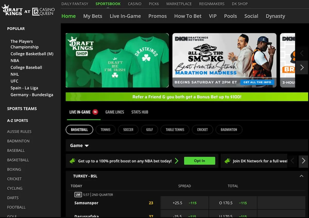 DraftKings Homepage without promo