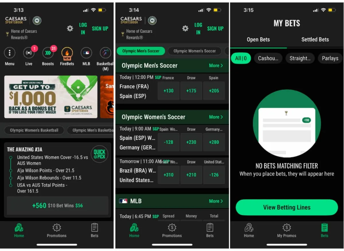 Caesars Sportsbook mobile app interface, odds, and betting slip