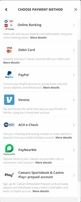 Caesars Sportsbook Payment Methods