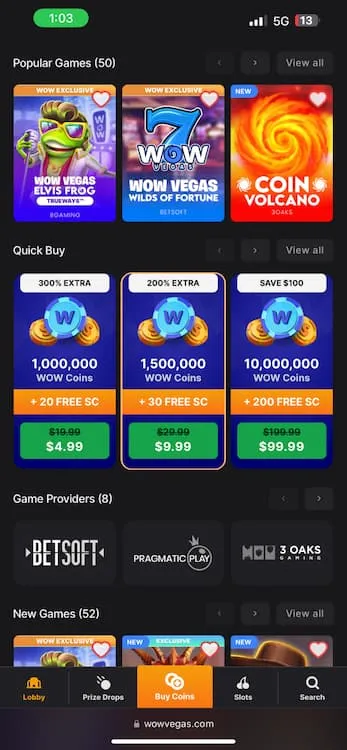 Wow Vegas sweepstakes casino app