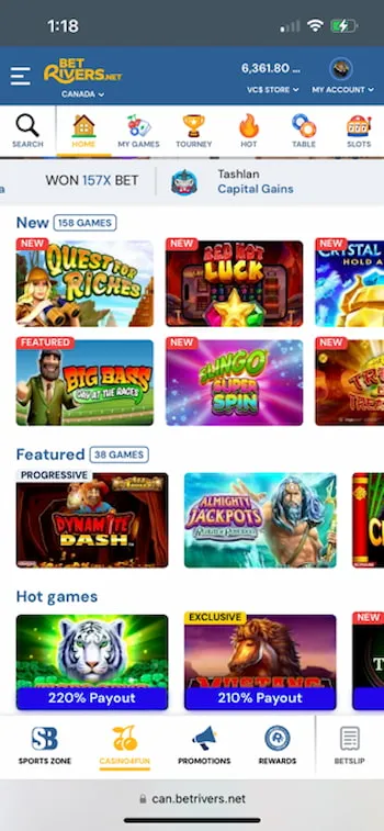 BetRivers.net Social Casino mobile app interface