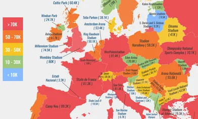 What Is the Capacity of the Largest Football Stadium in Each European Country? (Map)