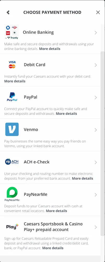 Caesars Sportsbook Payment Methods
