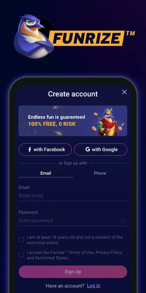 Funrize account creation process