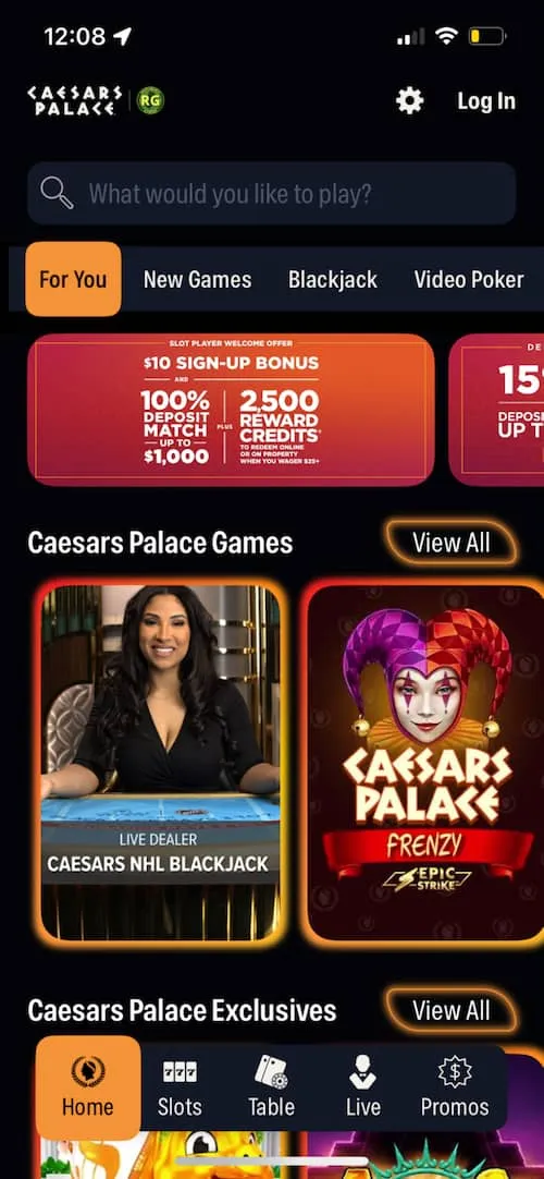 Caesars Palace Mobile Homepage