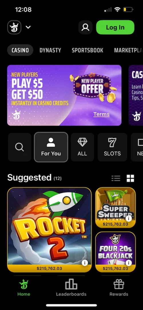 DraftKings Casino Mobile Homepage