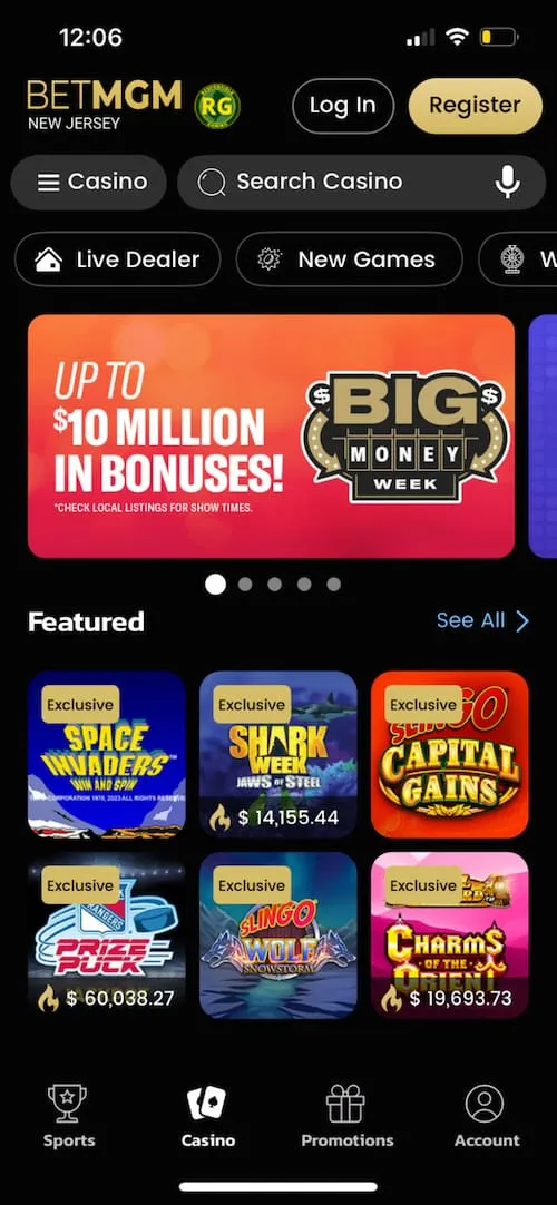 BetMGM Casino Mobile Homepage