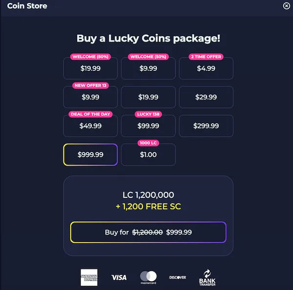 Sweeptastic purchasing coins screen