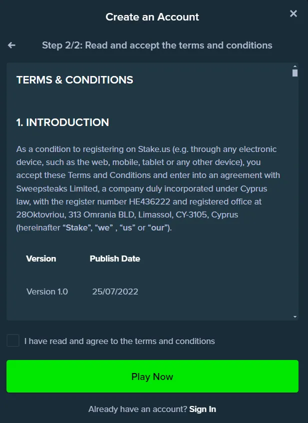 Stakes.us account creation step terms & conditions