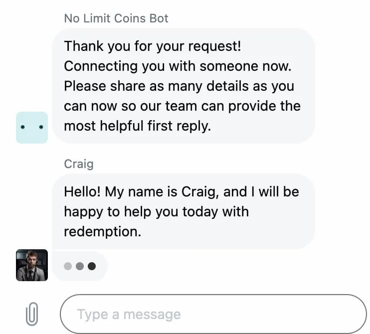 NoLimitCoins live chat example