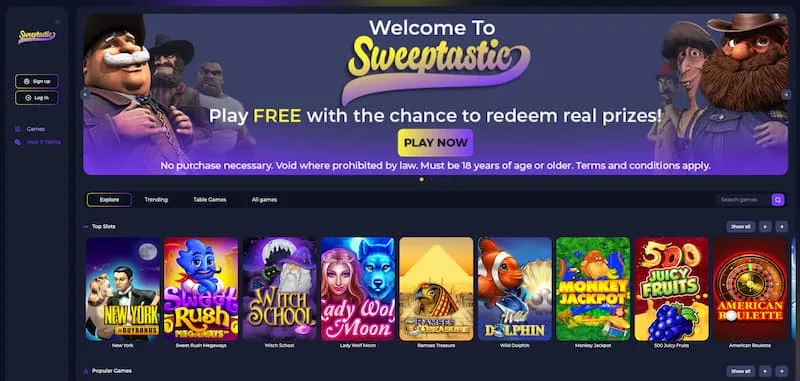 Sweeptastic Casino home page