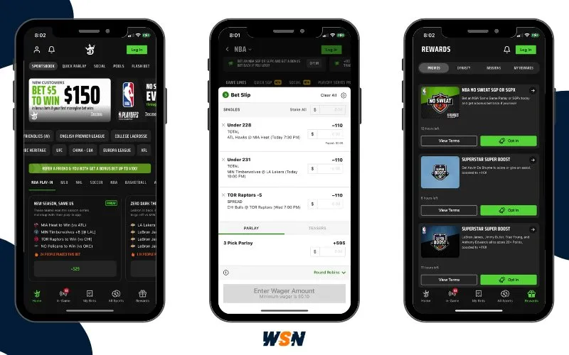 DraftKings Sportsbook app screenshots from our testing; showing the home screen, bet slip, and promotions section.