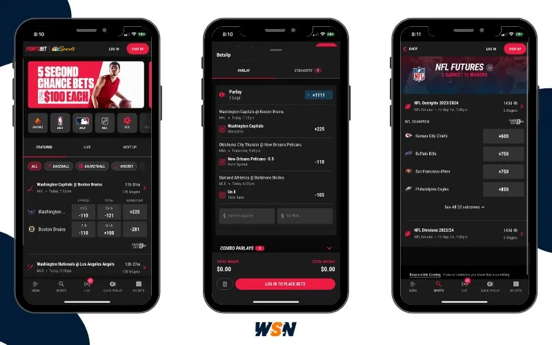 PointsBet Sportsbook app preview; showing the home screen, bet slip, and an NFL Futures market.
